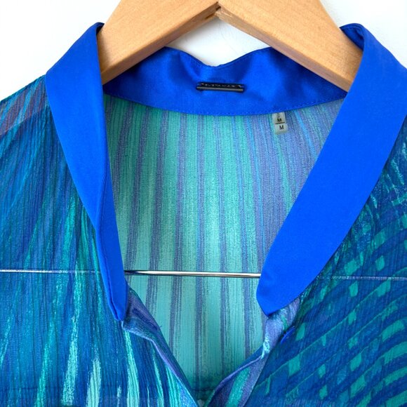 Elie Tahari Blue Green Palm Leaf Silk Sheer Button Down Blouse Womens Sz M - Picture 3 of 7